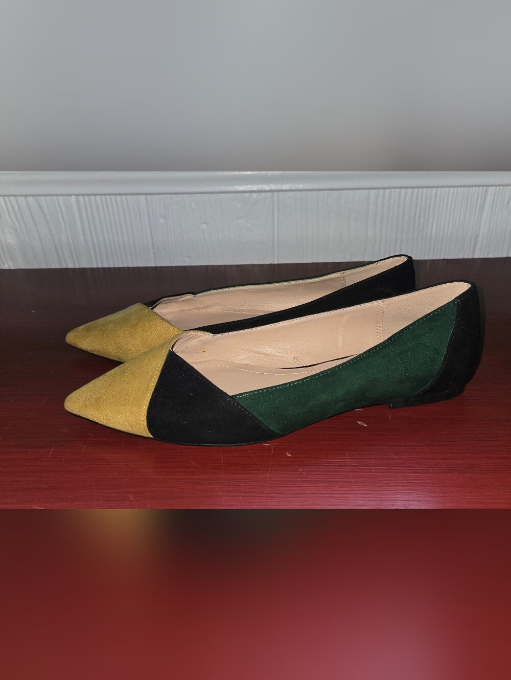 Zara Trafaluc Suede Colorblock Pointed Toe Tri Color Geometric Flat Shoe Sz 6.5